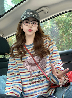韩版洋气涂鸦纯棉长袖t恤女高级感彩色条纹宽松气质花边百搭上衣