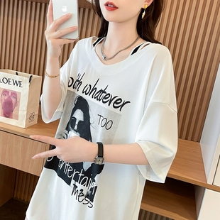 洋气上衣 oversize欧货假两件宽松T恤女小众V领撞色露肩显瘦中长款