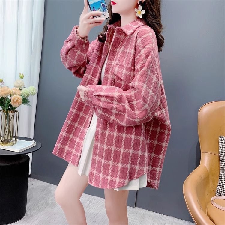 网红超火格子设计感宽松外套女ins韩系减龄Polo领中长款百搭上衣
