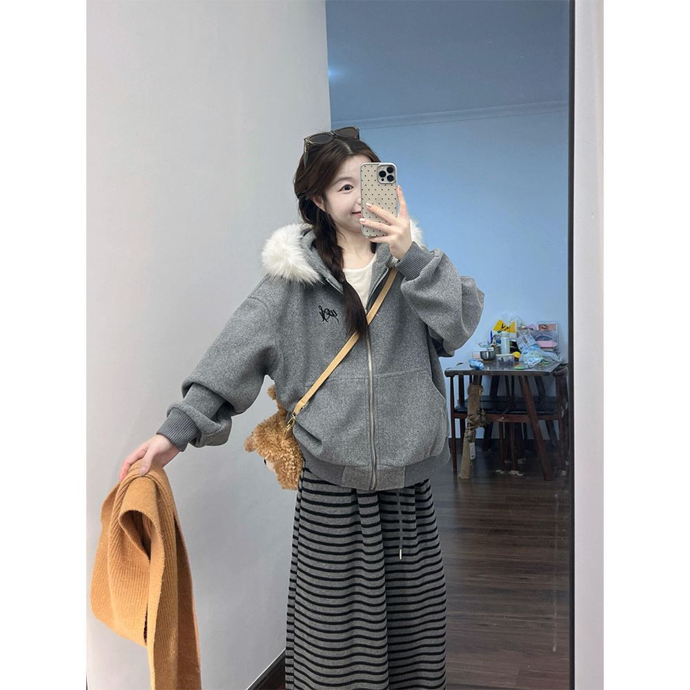 重工毛领拼接加厚连帽卫衣女chic港味刺绣休闲胖mm宽松显瘦开衫潮