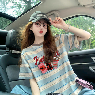 2025超火拼色条纹圆领T恤女美式潮牌复古涂鸦中长款时尚显瘦上衣
