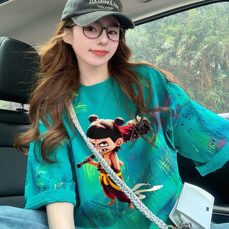 纯棉高街潮牌哪吒涂鸦中长款t恤女别致彩色扎染大版宽松遮肉上衣