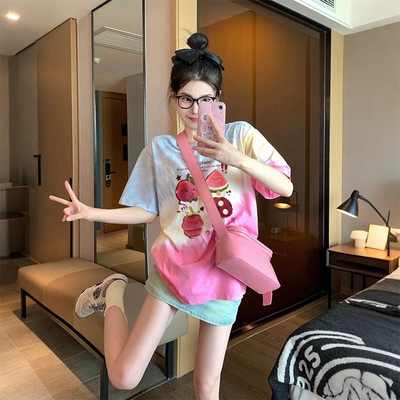 个性独特水果涂鸦纯棉t恤女设计感彩色晕染减龄中长款显瘦上衣潮