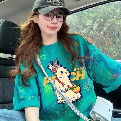纯棉网红撞色扎染设计宽松t恤女韩版趣味涂鸦中长款减龄百搭上衣