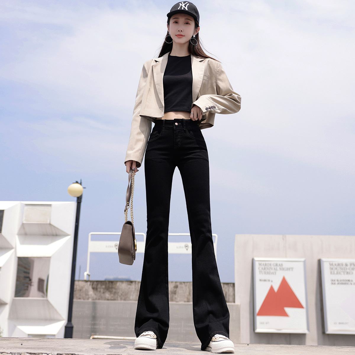 弹力修身高腰喇叭牛仔裤粤潮长裤