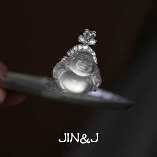 JIN&J珠宝明月清风 S925镀18K镶嵌天然水沫玉弥勒佛吊坠精工0601C