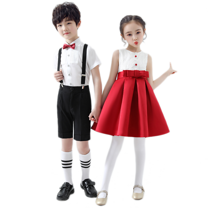 元旦儿童演出服小学生大合唱女童红色舞蹈裙男童诗歌朗诵表演服装