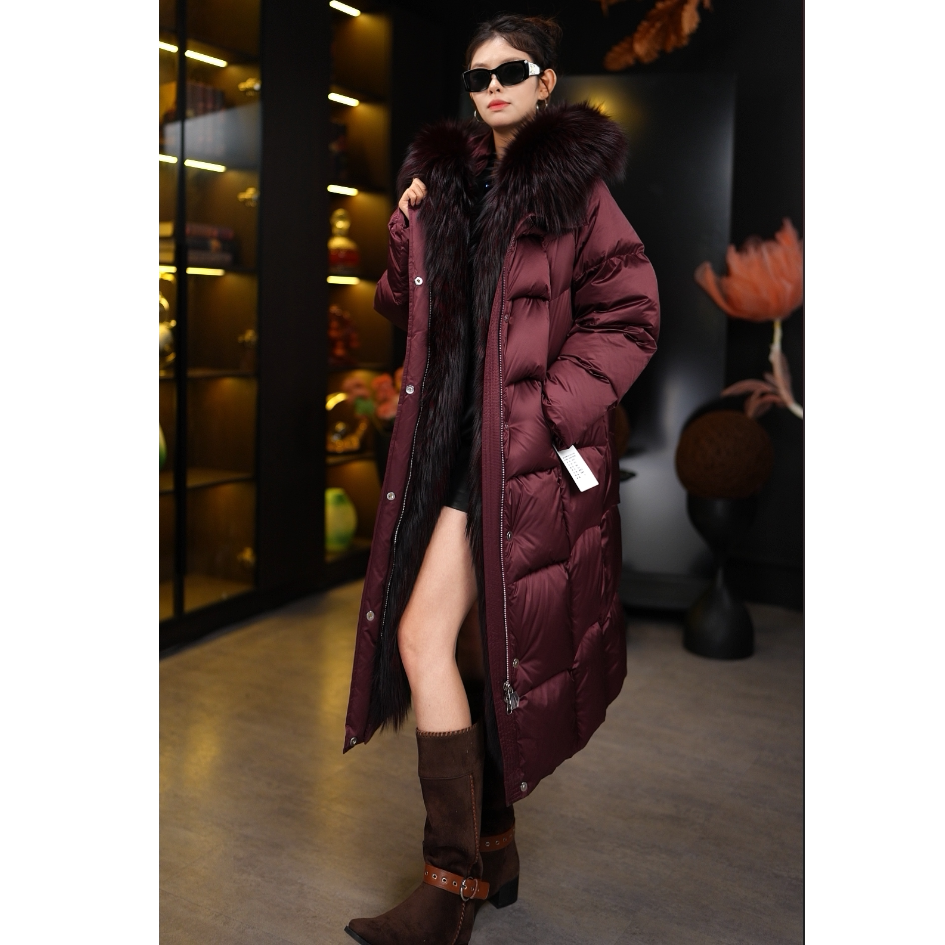 敦梵酒红色2026反季新款时尚大毛领女中长款90鹅绒皮草羽绒服女
