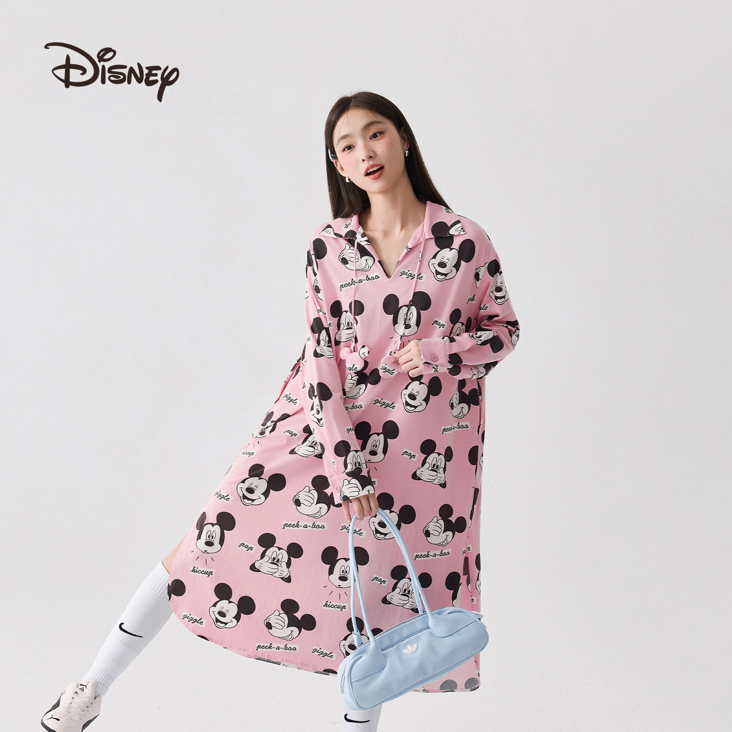 迪士尼米奇莫代尔棉可外穿长袖连帽卡通印花睡裙睡衣家居服秋冬女