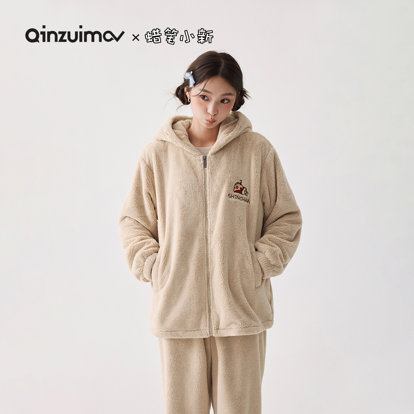 亲嘴猫暖暖绒睡衣家居服套装连帽