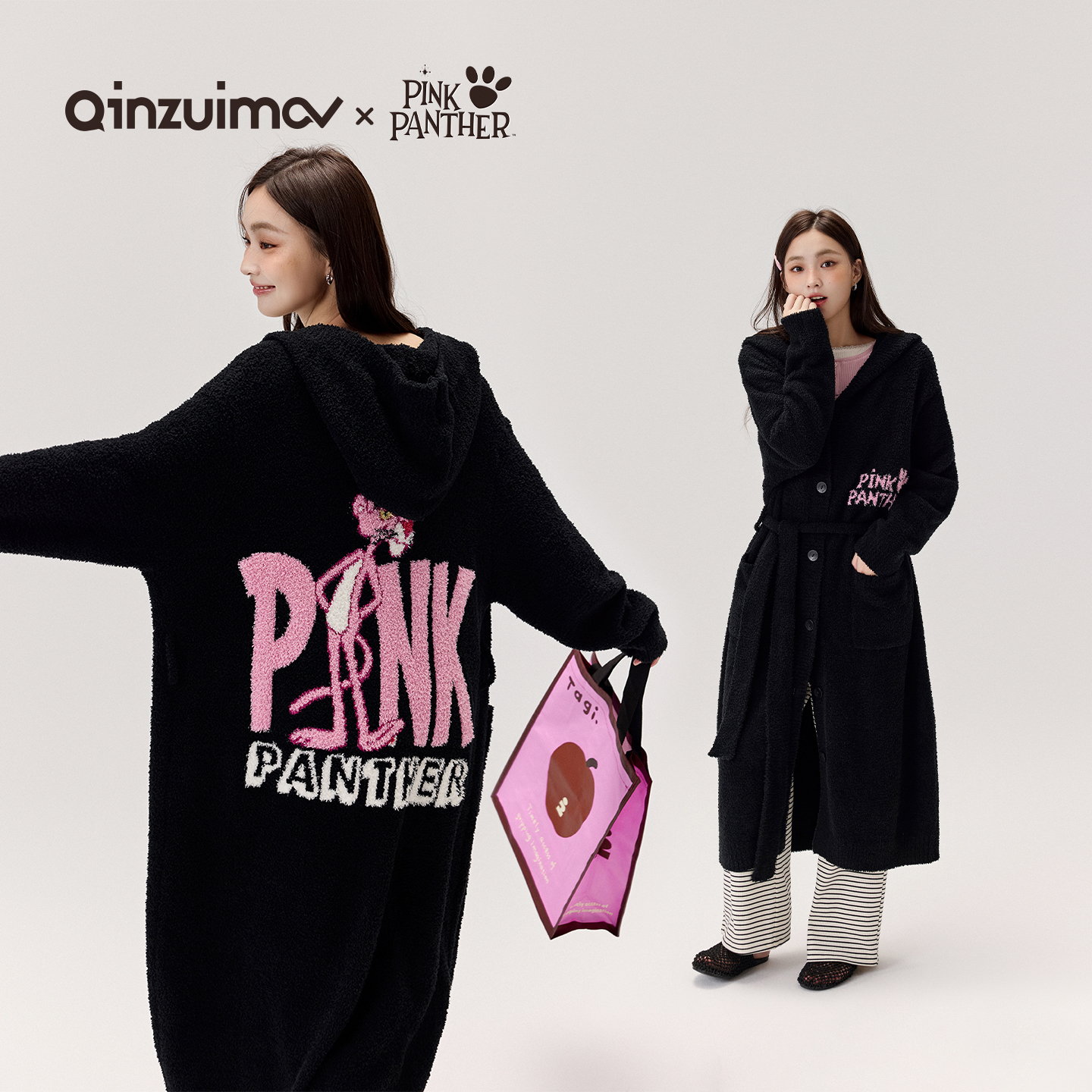 亲嘴猫半边绒连帽睡袍家居服女