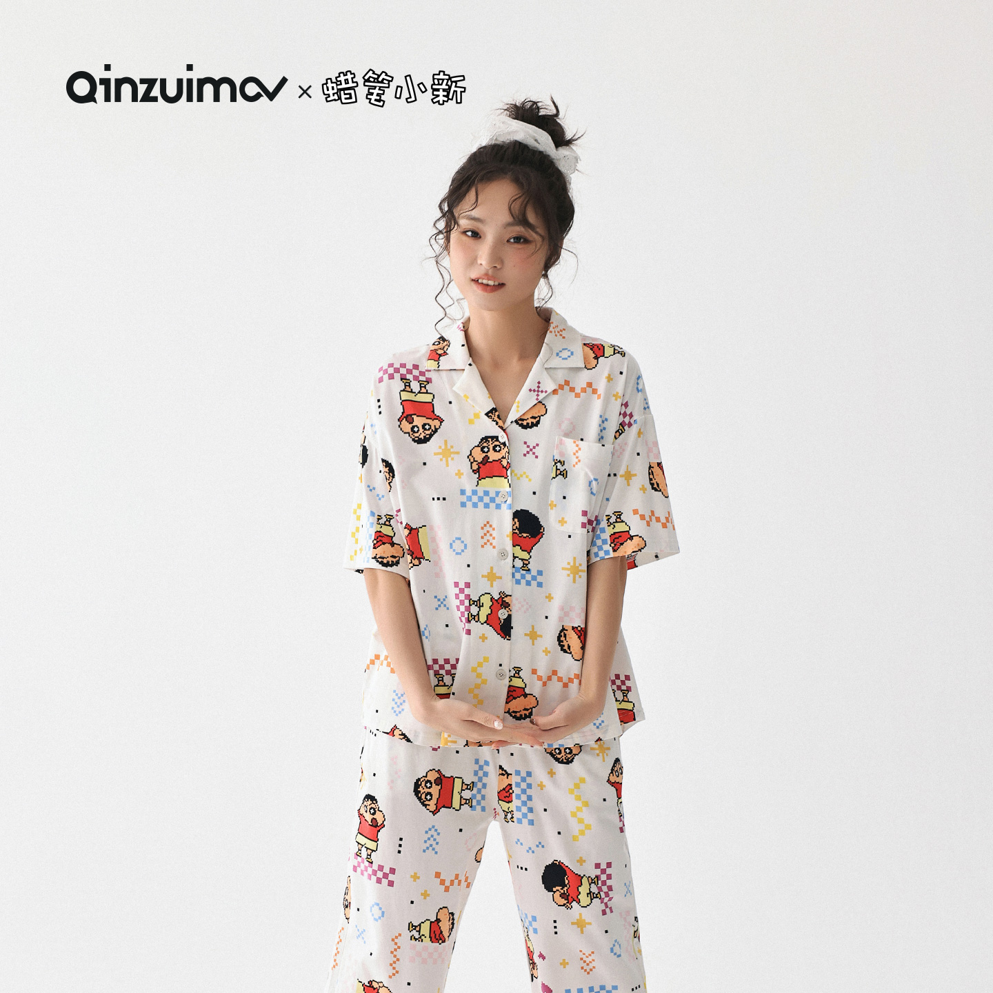 亲嘴猫满印卡通短袖睡衣家居服女