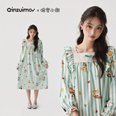 条纹睡衣睡裙家居服女秋季 莫代尔棉可外穿长袖 蜡笔小新 亲嘴猫