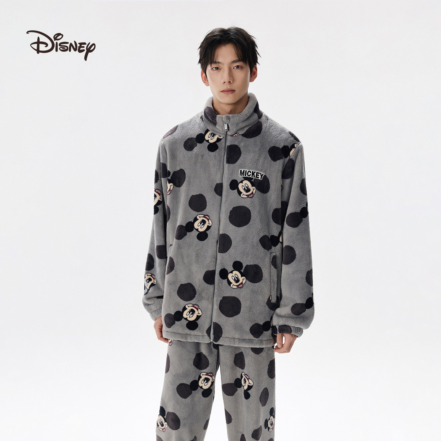 迪士尼米奇法兰绒立领保暖可外穿卡通男士加绒睡衣家居服套装秋冬