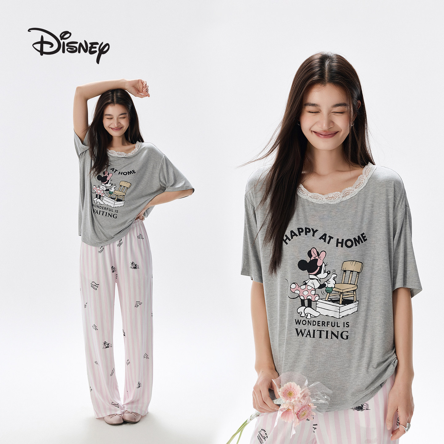 迪士尼可外穿莫代尔棉卡通可爱蕾丝边条纹睡衣家居服套装少女夏季