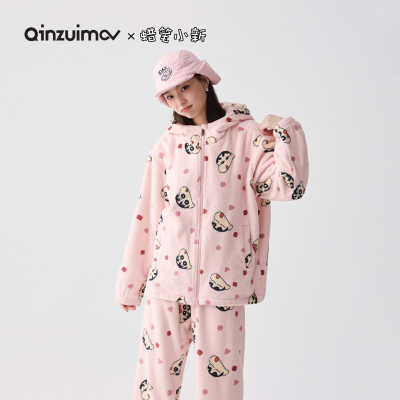 亲嘴猫【蜡笔小新】法兰绒可外穿卡通可爱连帽睡衣家居服套装冬女