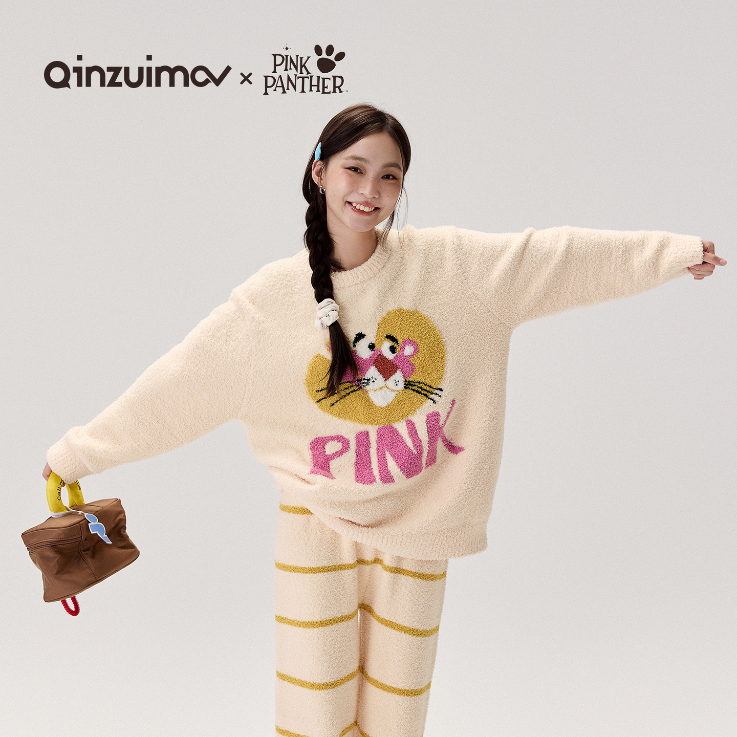 亲嘴猫半边绒可外穿卡通睡衣套装