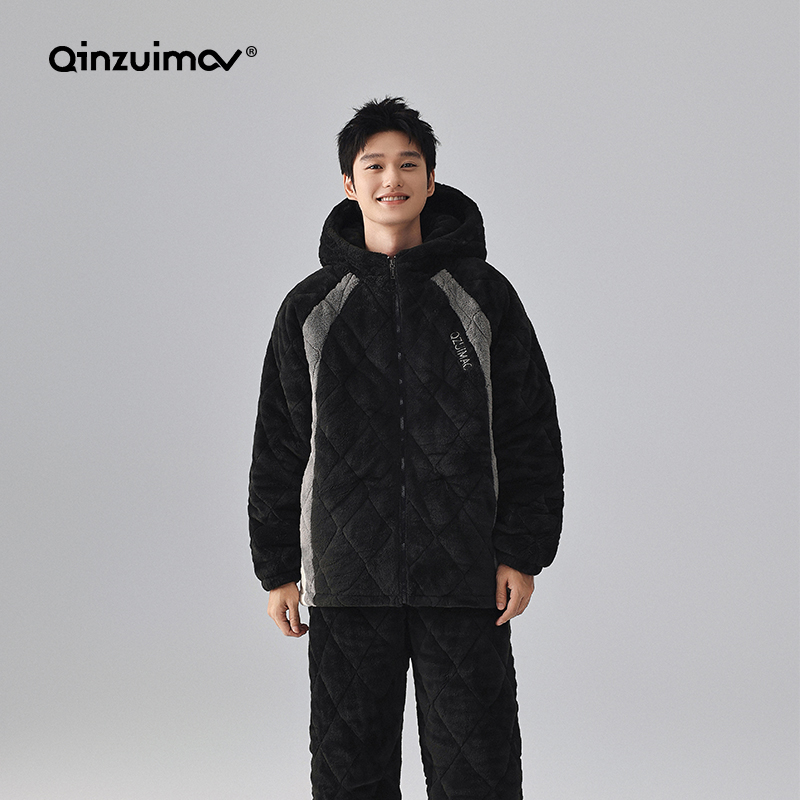 亲嘴猫冬季男士夹棉睡衣