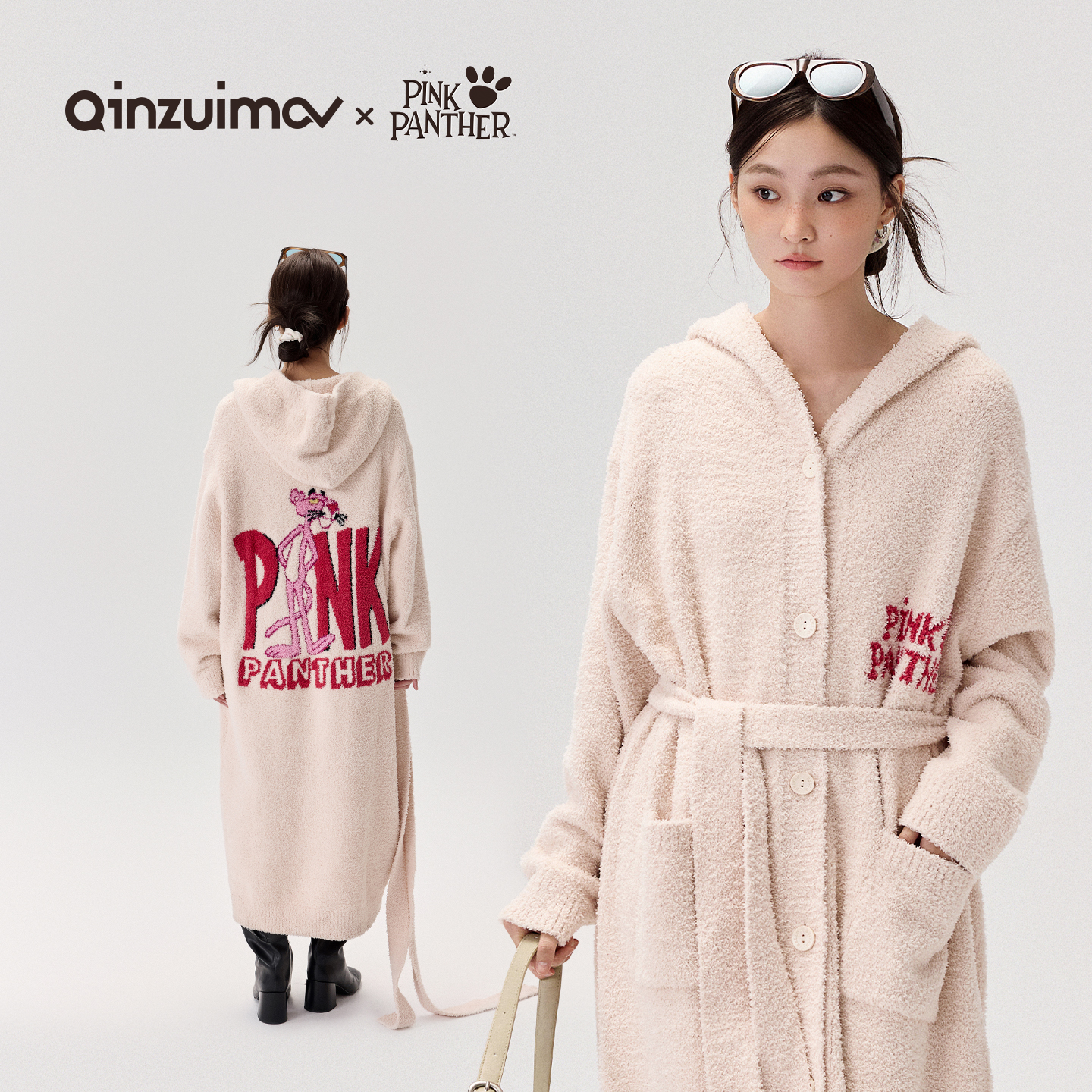 亲嘴猫半边绒睡袍女款家居服连帽