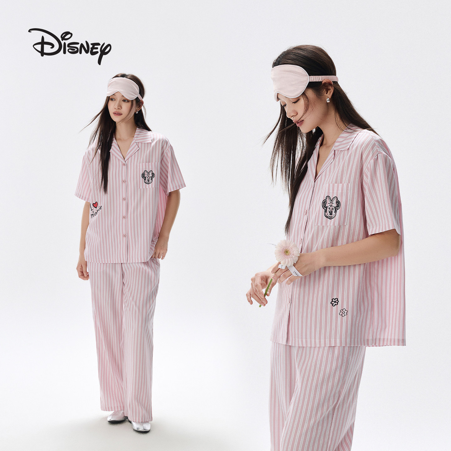 迪士尼米妮莫代尔棉可外穿休闲短袖条纹衬衫睡衣家居服套装春夏女