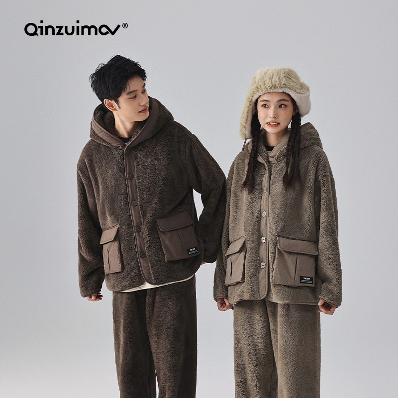 亲嘴猫软软绒情侣睡衣秋冬季