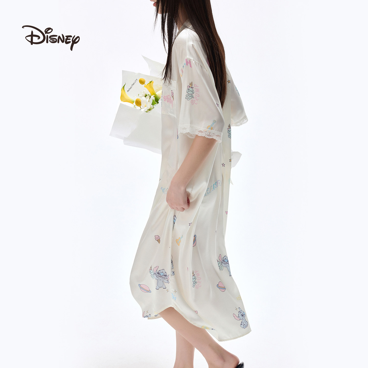 迪士尼冰丝凉感可外穿开衫中长款睡裙短袖蕾丝边睡衣家居服夏季女