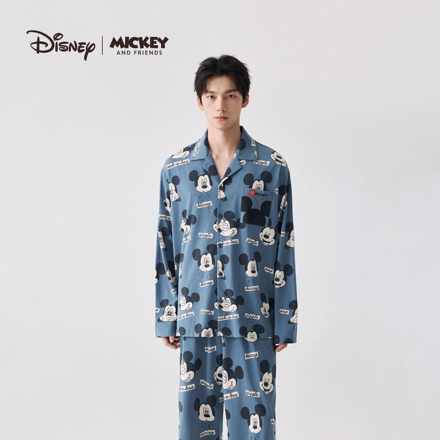 迪士尼米奇莫代尔棉可外穿男士长袖卡通可爱睡衣家居服两件套装秋
