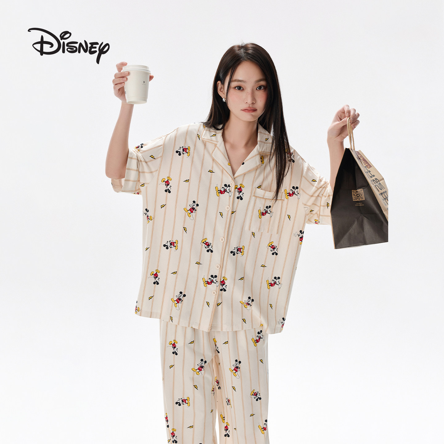 迪士尼莫代尔休闲衬衫短袖长裤条纹可外穿卡通睡衣家居服套装女夏