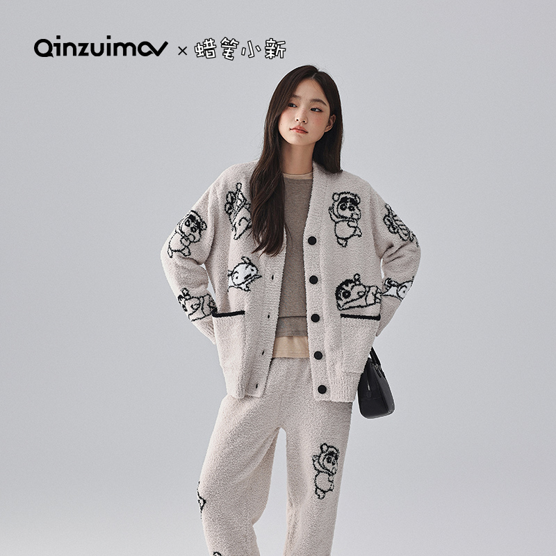 亲嘴猫蜡笔小新半边绒睡衣女