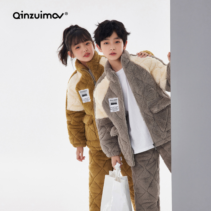 亲嘴猫三层加厚儿童睡衣女冬季珊瑚绒夹棉男孩家居服套装冬天外穿