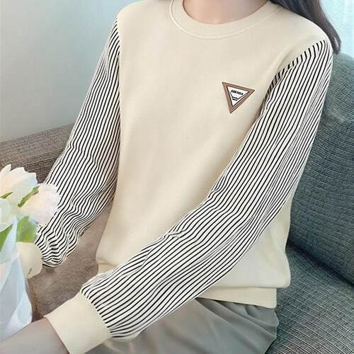 假两件薄款长袖T恤女2026新款春装宽松条纹拼接刺绣上衣打底卫衣