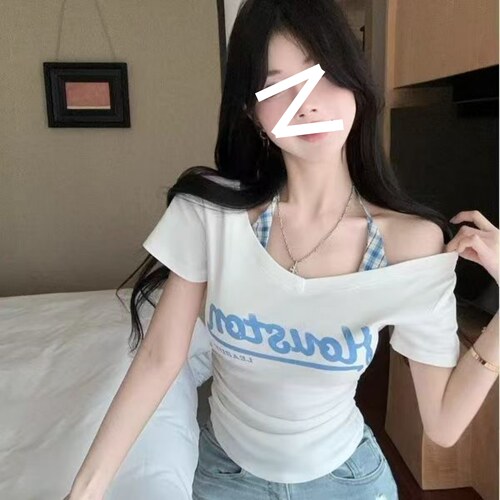 白色假两件v领正肩短袖t恤女夏季