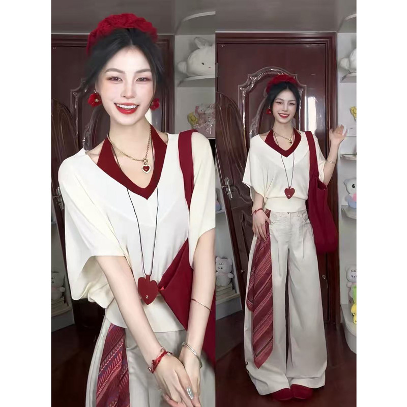韩系两件套装吊带V领短袖T恤女夏