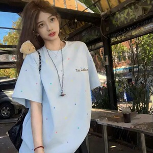 美式高街波点字母刺绣短袖T恤女
