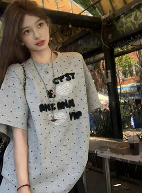 美式高街复古波点字母刺绣短袖T恤女夏季设计感小众宽松纯棉上衣