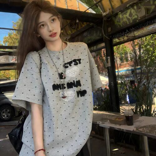 美式复古波点字母刺绣短袖T恤女