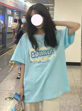 美式正肩蓝色短袖t恤女夏季2026新款宽松纯棉设计感小众半袖上衣