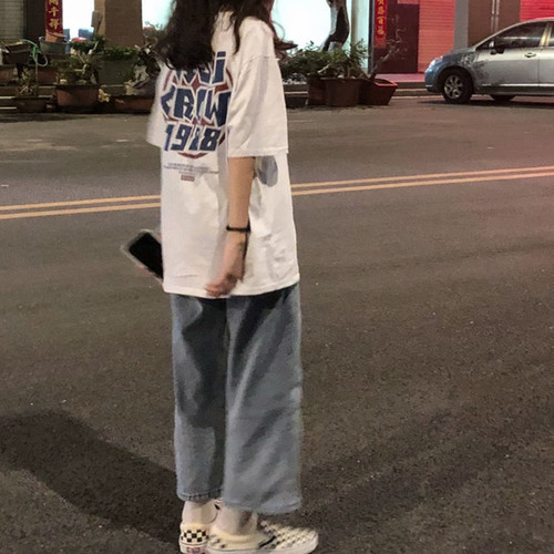 美式复古正肩白色短袖t恤女夏季