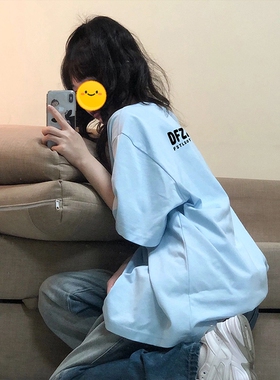 美式高街重磅纯棉浅蓝色正肩短袖T恤女夏季宽松潮牌字母半袖上衣