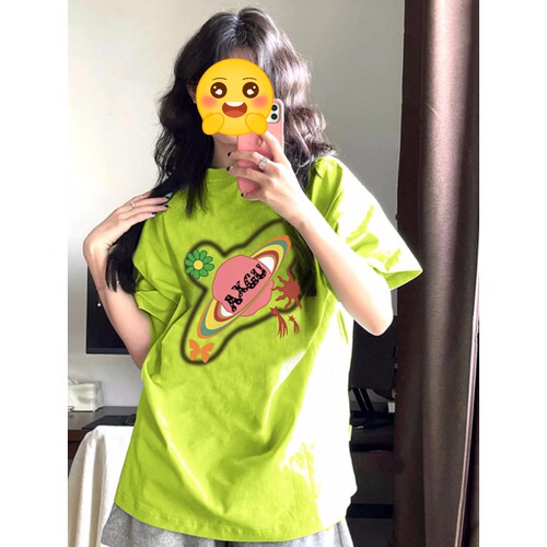 纯棉绿黄色正肩短袖T恤女夏上衣