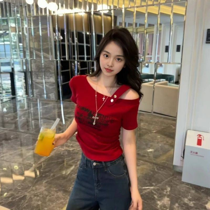 美式复古红色斜领短袖T恤女夏季