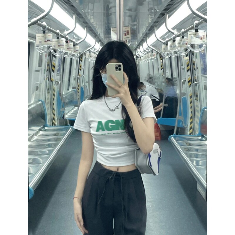 紧身插肩短袖t恤女夏季正肩上衣