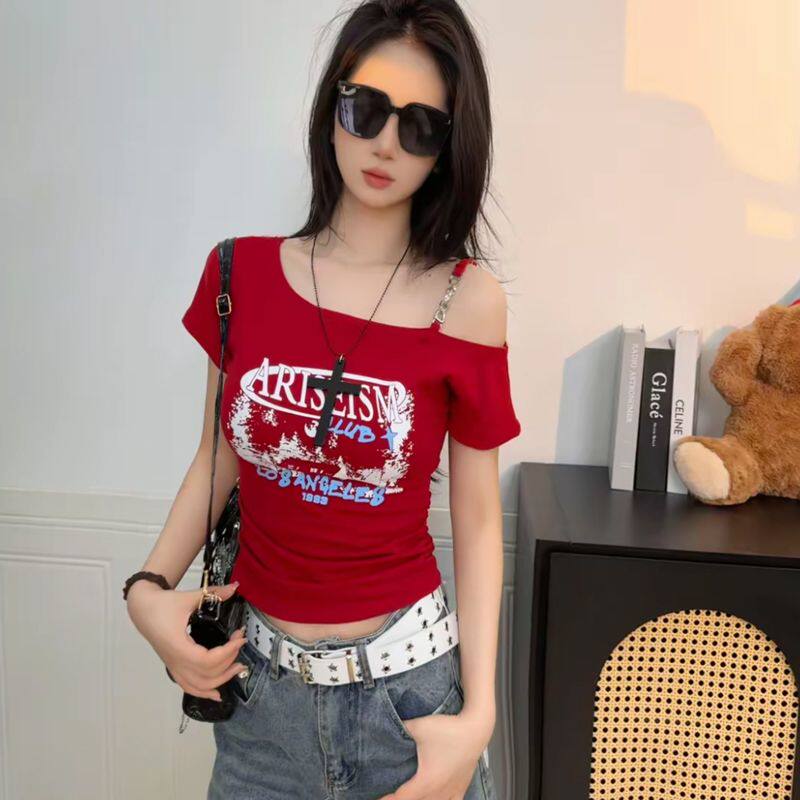 美式复古斜领红色短袖t恤女夏季
