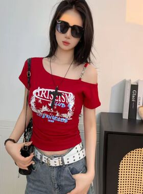 美式复古斜领红色短袖t恤女夏季小众设计感辣妹露肩修身气质上衣