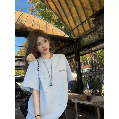 美式高街波点字母刺绣短袖T恤女