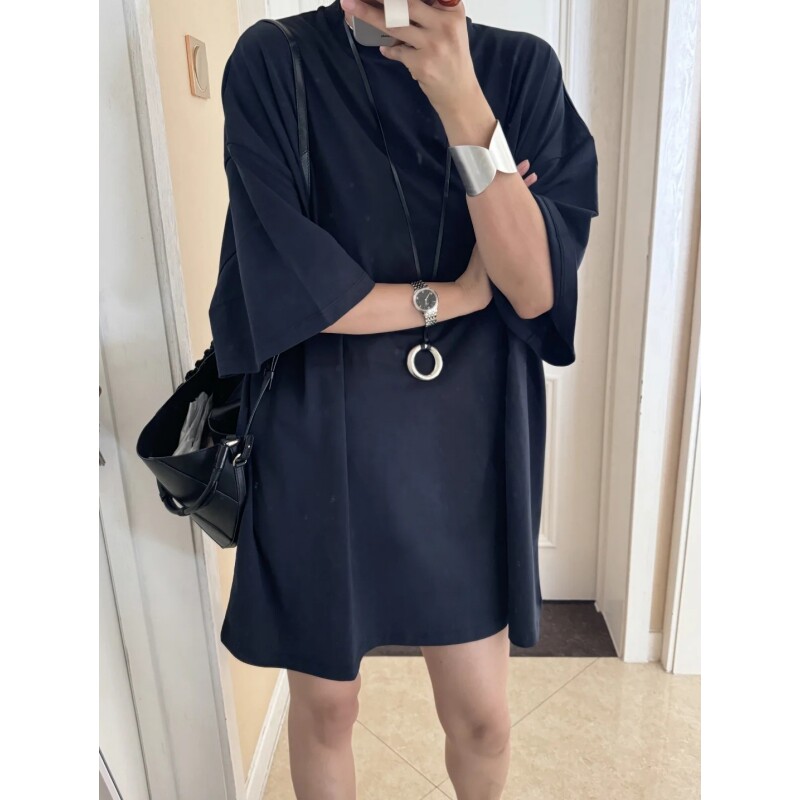 美式重磅藏青色宽松t恤女装短袖夏季大码中长款下衣失踪纯棉上衣