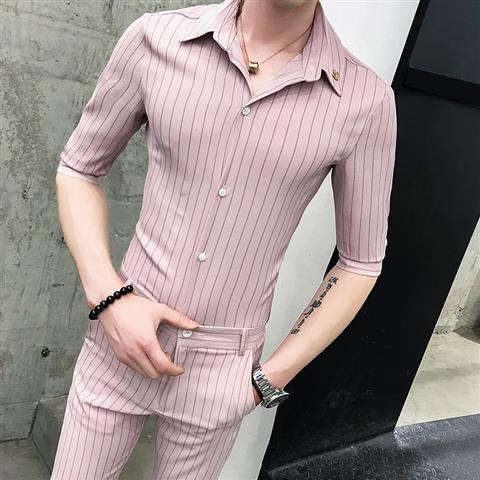 条纹半袖衬衫男韩版修身一套小码衣服帅气发型师九分裤套装潮S码