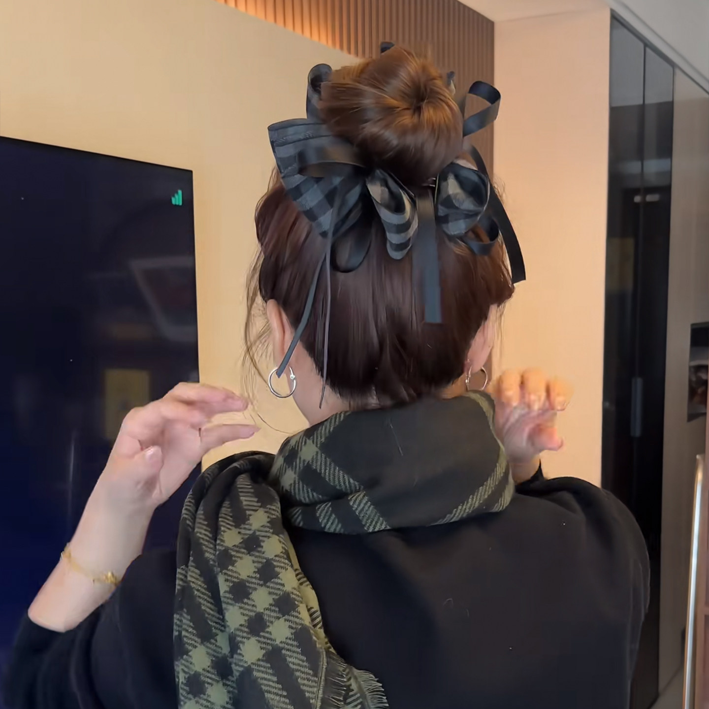 伯德小姐~格子蝴蝶结丸子头抓夹