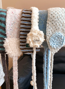 北海道蓝色雪花毛线针织系带耳罩女冬季保暖防寒骑行护耳包耳暖