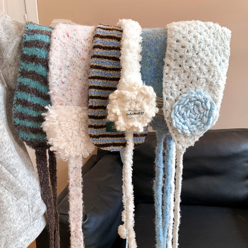 北海道蓝色雪花毛线针织系带耳罩